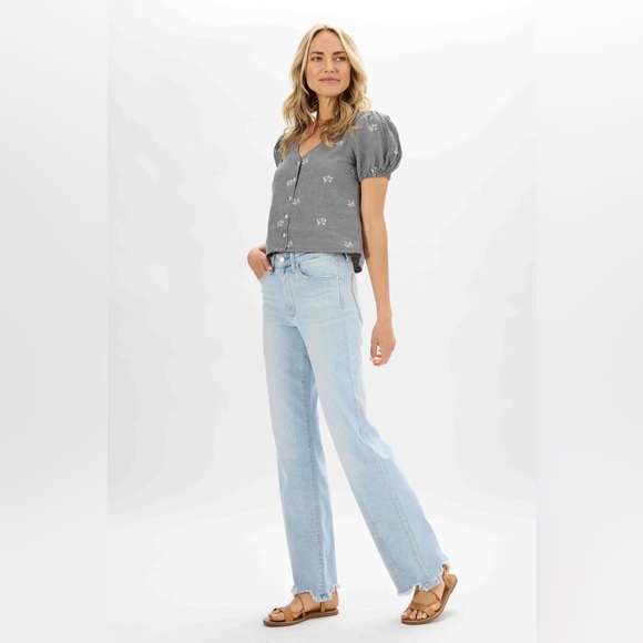 New judy blue high waist destroy hem straight leg jeans light wash JB82445REG LT - Picture 2 of 16